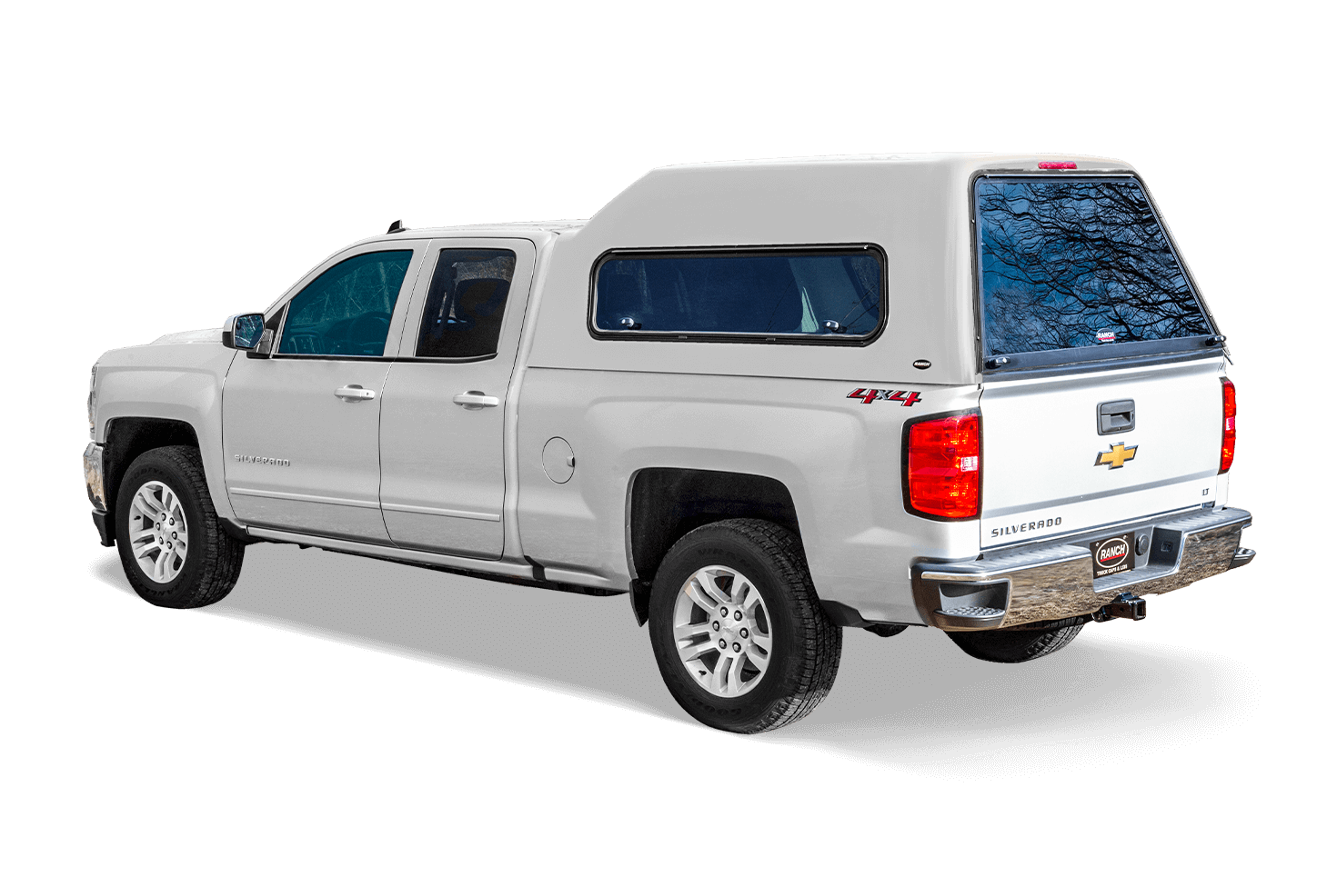 White Chevrolet Silverado with Ranch Fiberglass XD High-rise truck cap